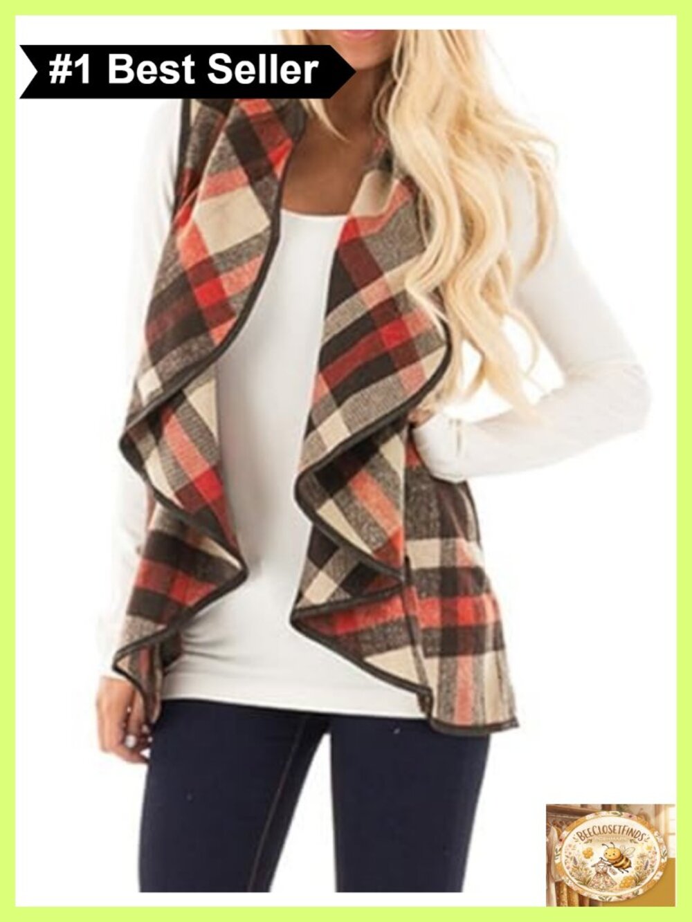 Womens Plaid Vest Lapel Open Front Sleeveless Cardigan Polycotton